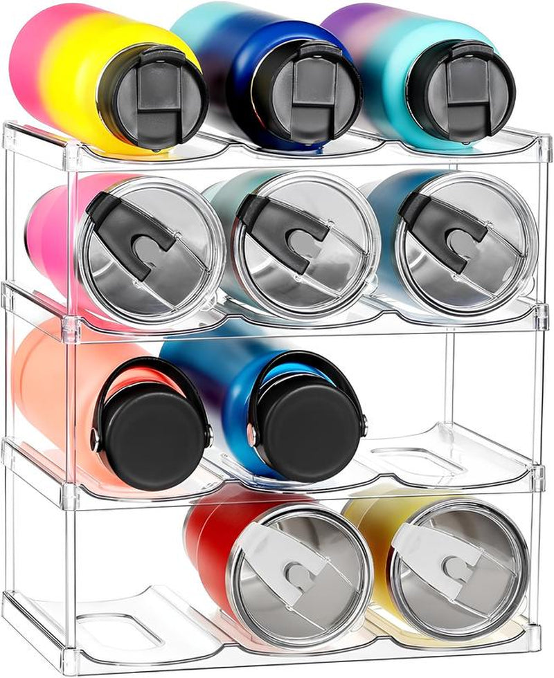 4 Tier Water Bottle Organizer, Clear Stackable Water Bottle Rack for Cabinet,Tumbler Storage Organizer for Kitchen,Fridge,Cabinet & Acrylic Wine Rack