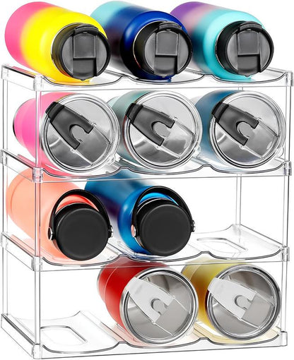 4 Tier Water Bottle Organizer, Clear Stackable Water Bottle Rack for Cabinet,Tumbler Storage Organizer for Kitchen,Fridge,Cabinet & Acrylic Wine Rack