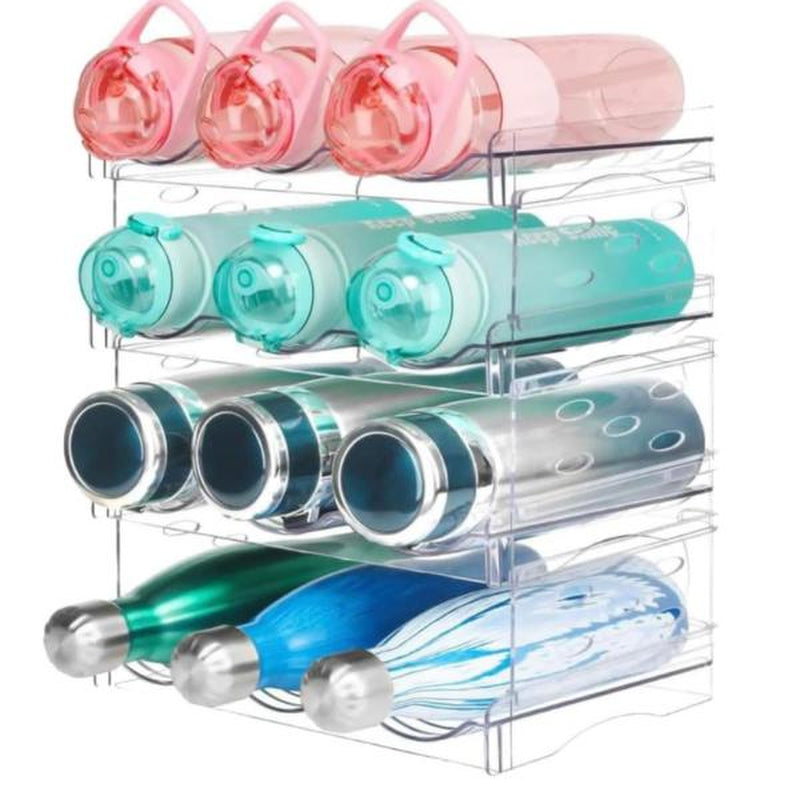 4 Tier Water Bottle Organizer, Clear Stackable Water Bottle Rack for Cabinet,Tumbler Storage Organizer for Kitchen,Fridge,Cabinet & Acrylic Wine Rack
